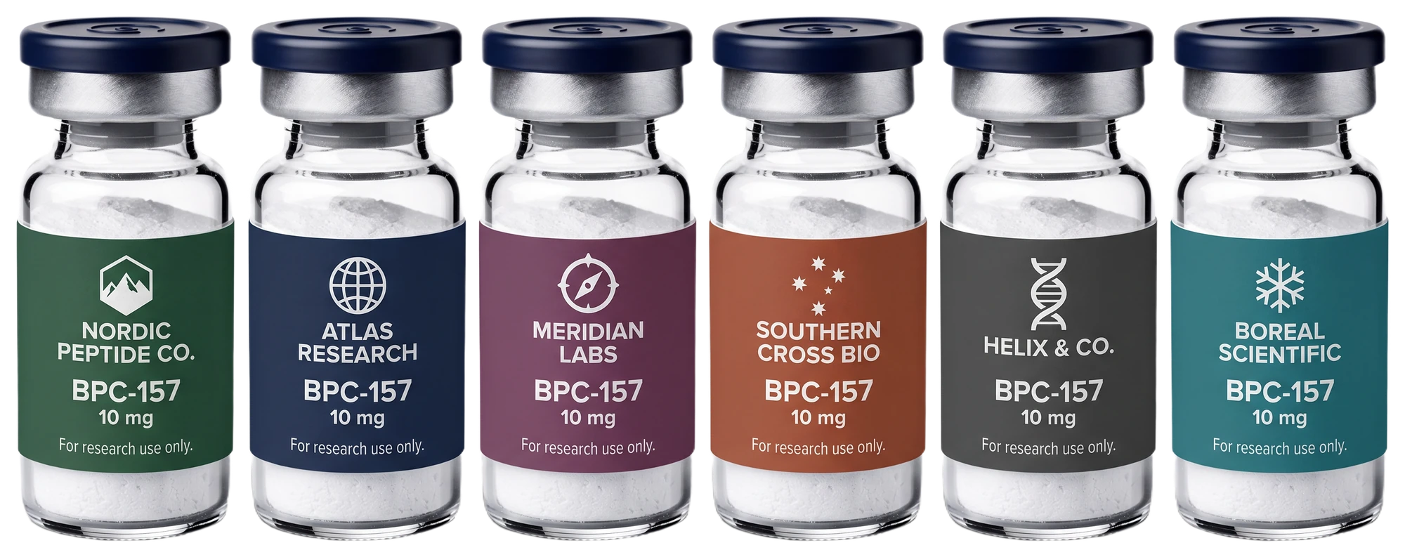 Research vials in a row, each carrying a different client brand label