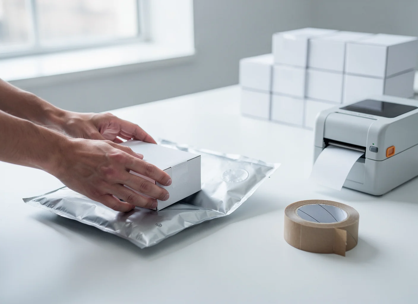 Packing a small carton into a padded mailer at the fulfillment desk